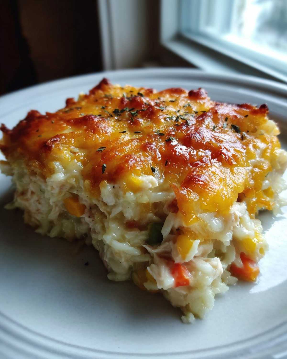A close-up of a serving of Cheesy Chicken and Rice Casserole Easy Bake with melted, browned cheese topping.