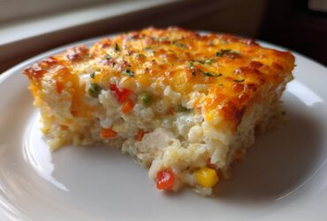 A close-up of a square serving of Cheesy Chicken and Rice Casserole Easy Bake with a golden, melted cheese top.