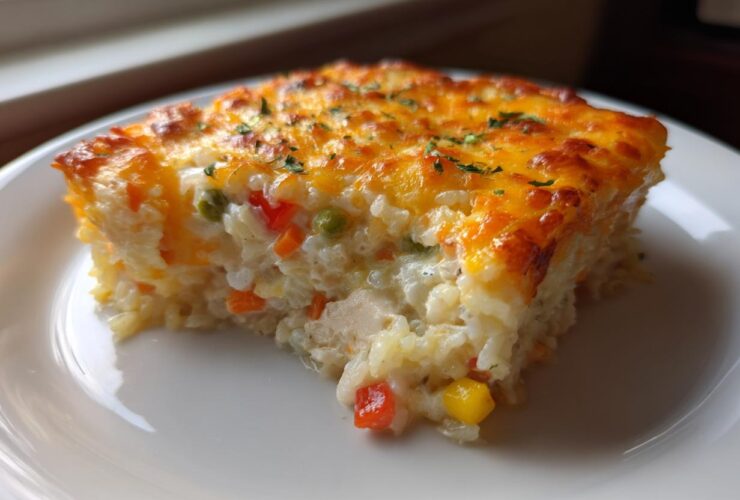 A close-up of a square serving of Cheesy Chicken and Rice Casserole Easy Bake with a golden, melted cheese top.