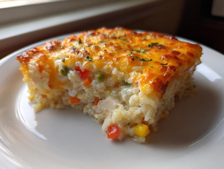 A close-up of a square serving of Cheesy Chicken and Rice Casserole Easy Bake with a golden, melted cheese top.