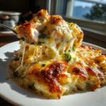 A spoonful of Cheesy Chicken and Broccoli Pasta Bake showing a dramatic cheese pull over the golden-brown baked dish.