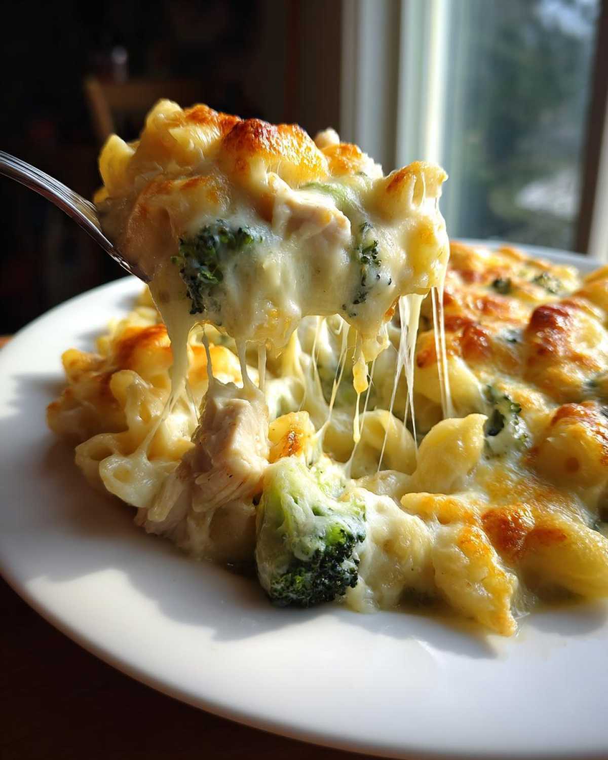 A fork lifting a bite of Cheesy Chicken and Broccoli Pasta Bake showing extreme cheese pull.