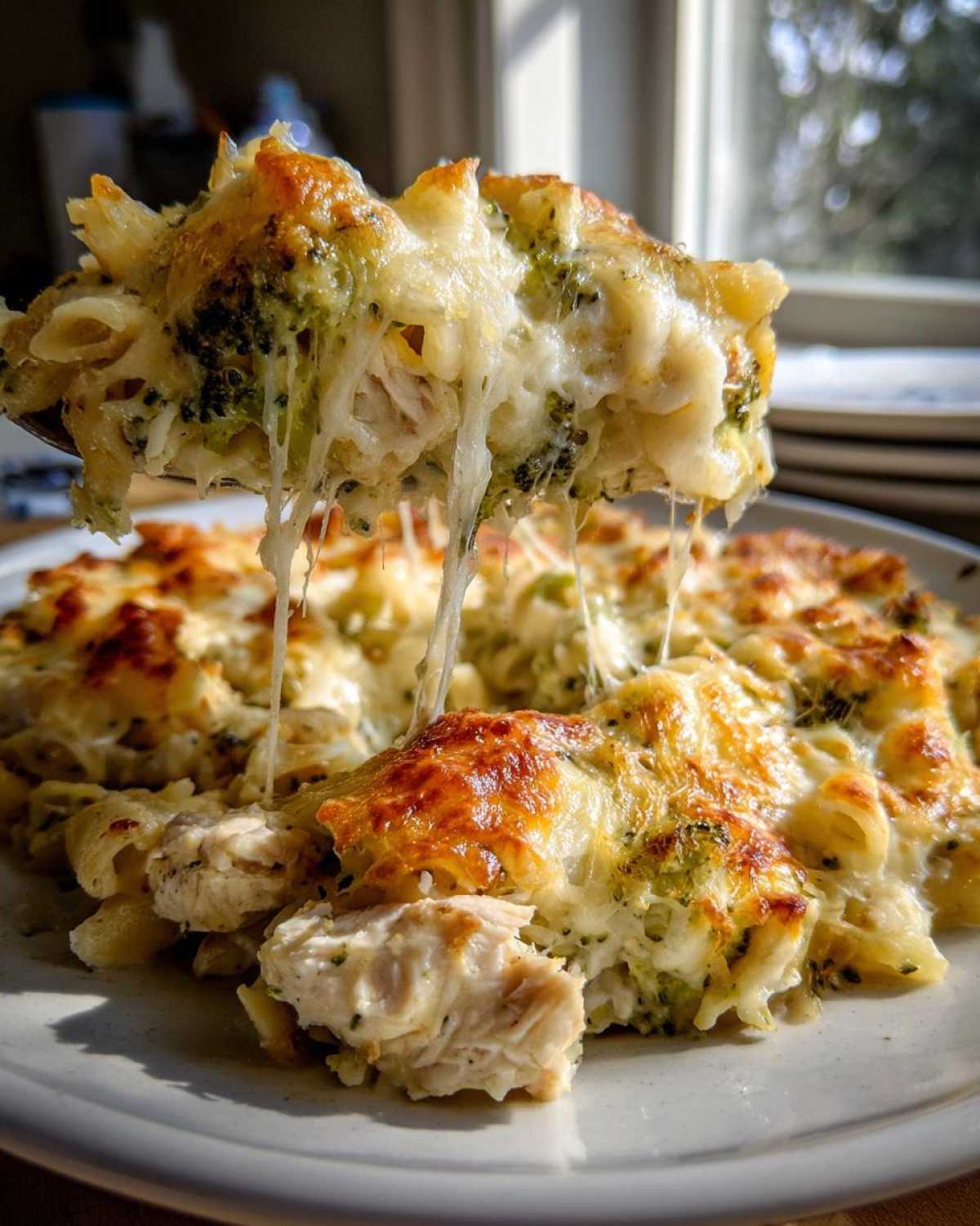 A spoonful of Cheesy Chicken and Broccoli Pasta Bake showing a dramatic cheese pull, with chunks of chicken and broccoli visible.