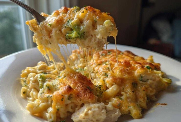 A fork lifts a serving of Cheesy Chicken and Broccoli Pasta Bake, showing dramatic cheese pulls.