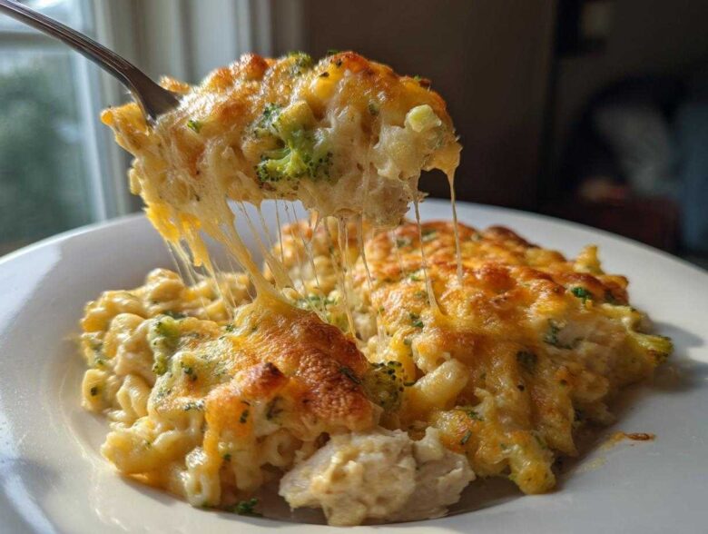 A fork lifts a serving of Cheesy Chicken and Broccoli Pasta Bake, showing dramatic cheese pulls.
