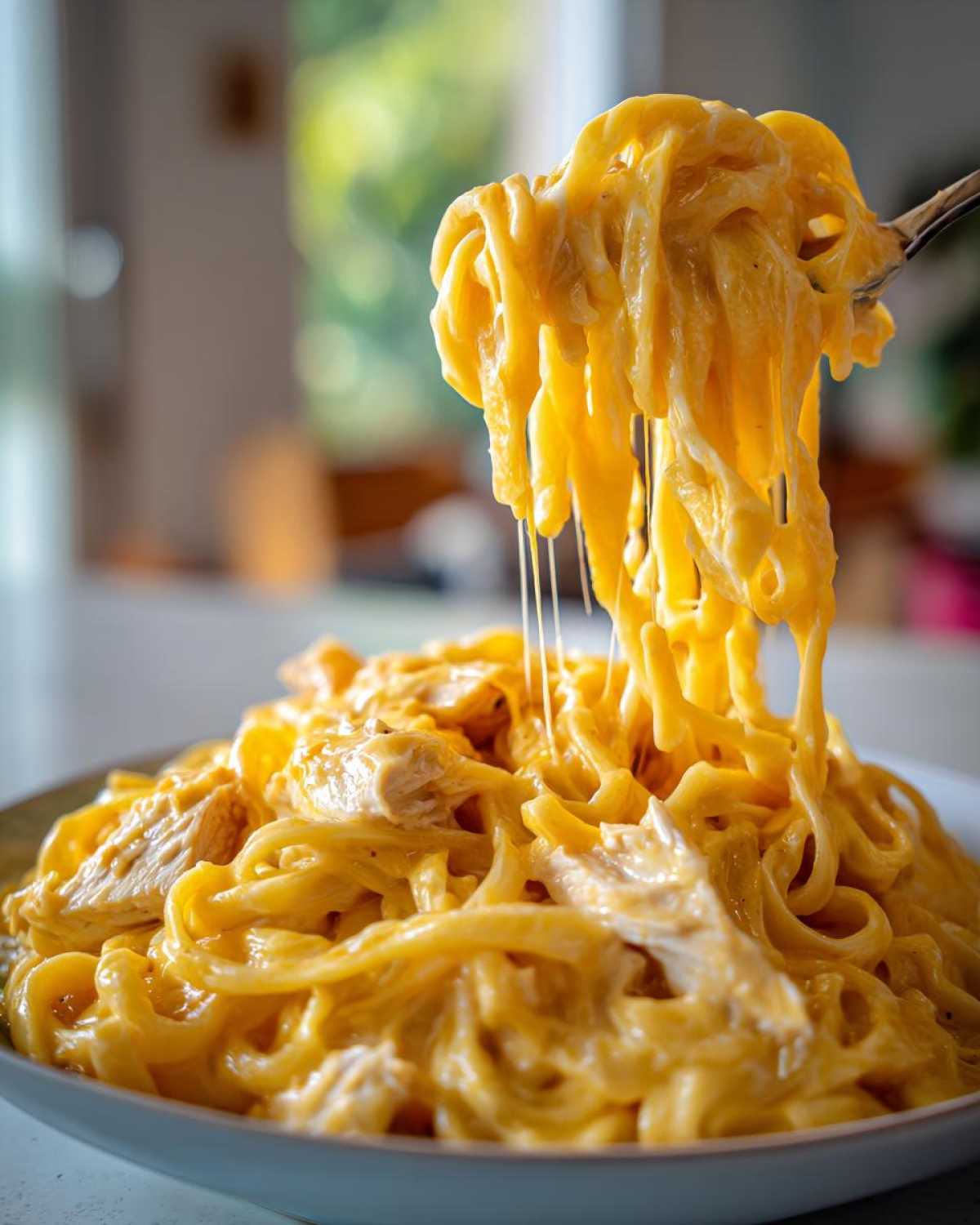 A fork lifts a large portion of Cheesy Chicken Pasta with Creamy Sauce, showing long, gooey cheese pulls over the bowl.