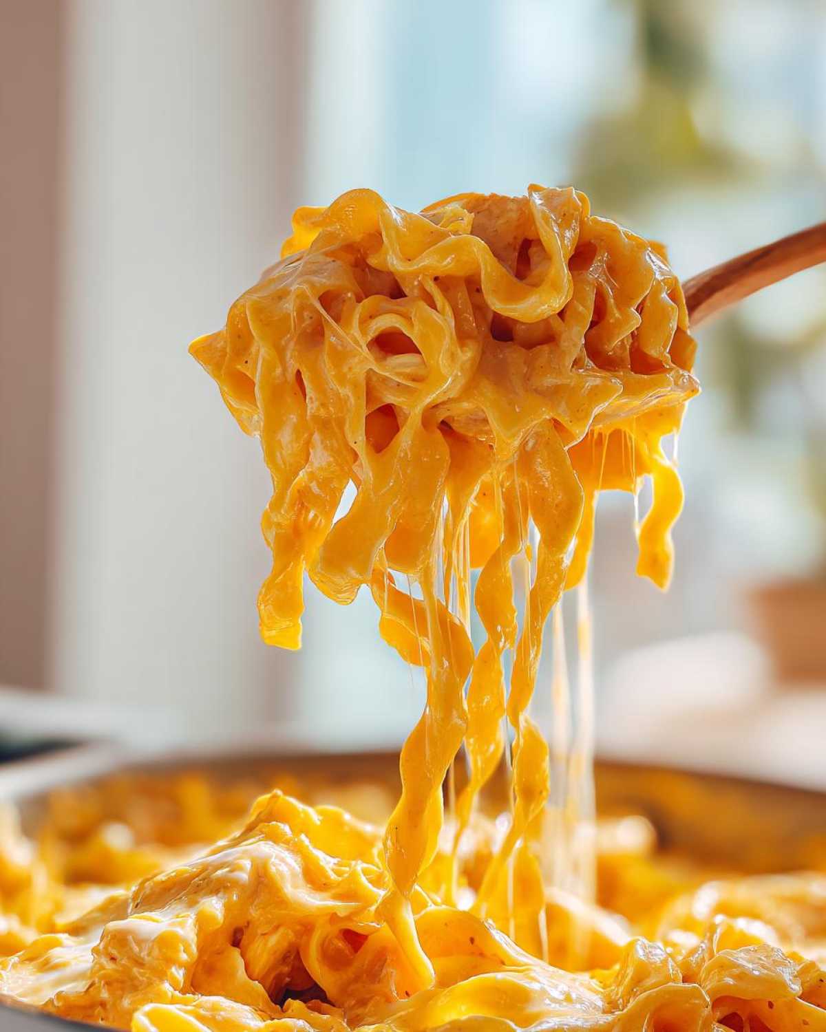 Close-up of wide noodles coated in a thick, orange, creamy sauce being lifted by a wooden spoon, showing cheese pulls from the Cheesy Chicken Pasta.