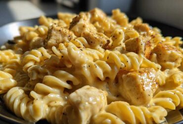 Close-up of rotini pasta coated in a rich, creamy sauce with chunks of seasoned chicken, highlighting the Cheesy Chicken Pasta with Creamy Sauce.
