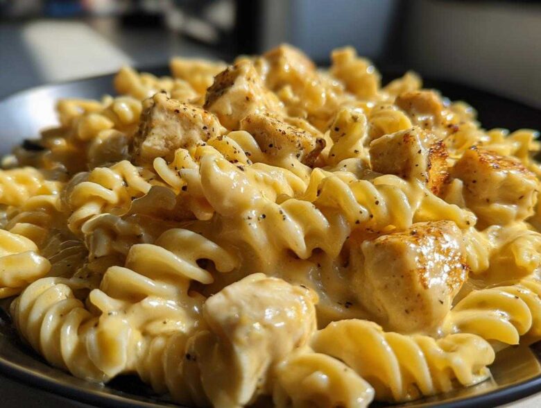 Close-up of rotini pasta coated in a rich, creamy sauce with chunks of seasoned chicken, highlighting the Cheesy Chicken Pasta with Creamy Sauce.