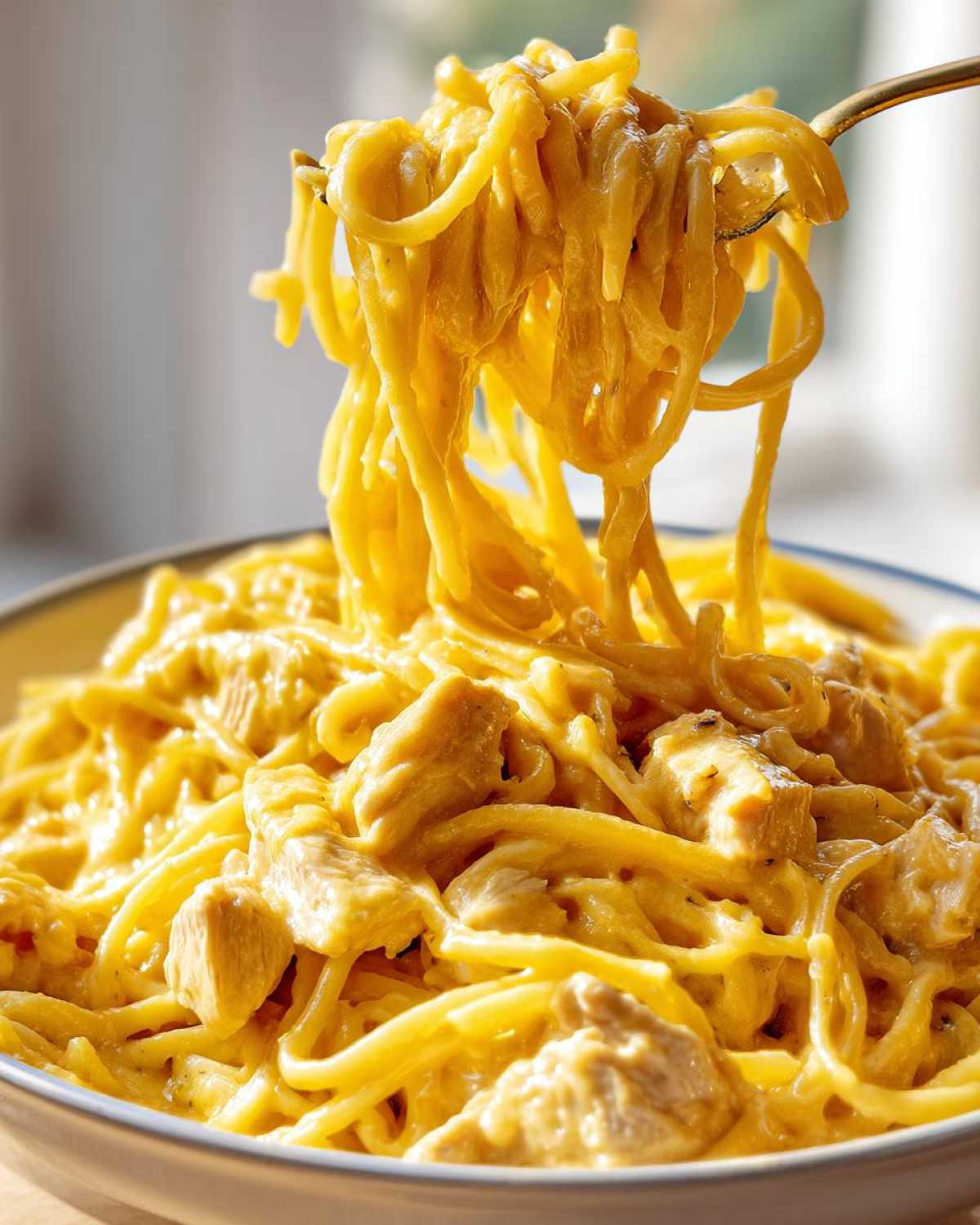 A fork lifting strands of spaghetti coated in a rich, creamy sauce with chunks of chicken, showcasing the Cheesy Chicken Pasta with Creamy Sauce.