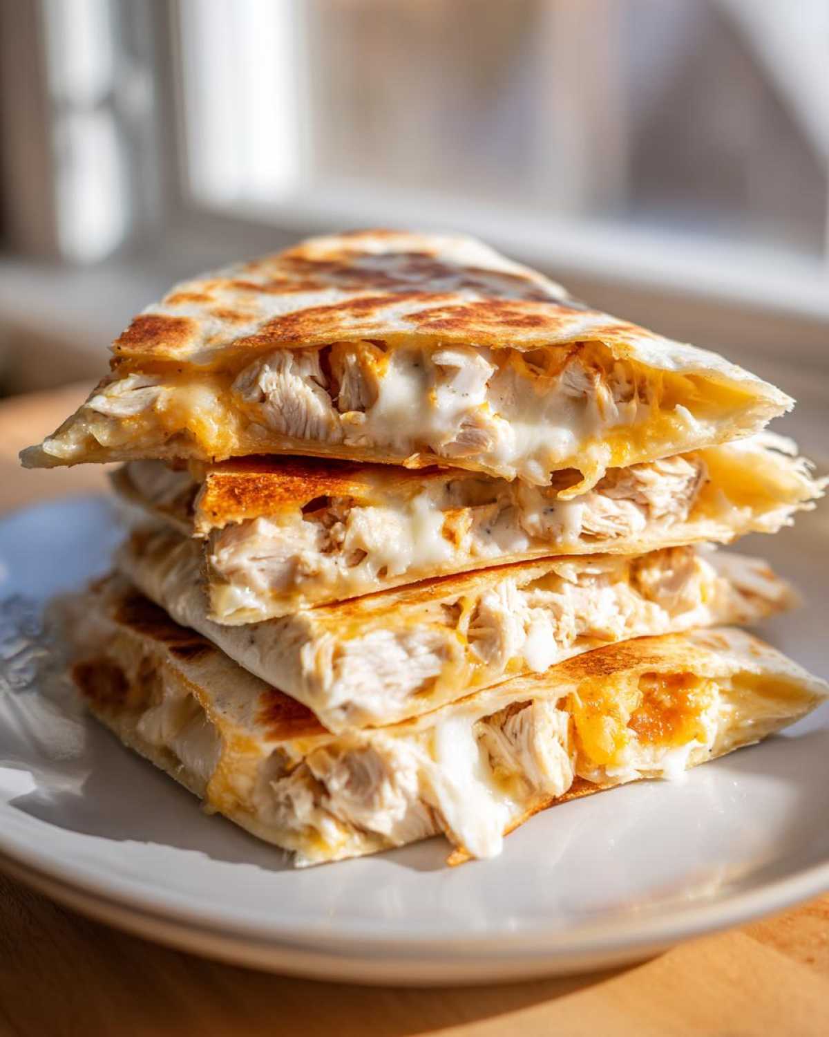 Four stacked wedges of Cheesy Chicken Quesadilla with Creamy Filling, showing melted cheese and shredded chicken.