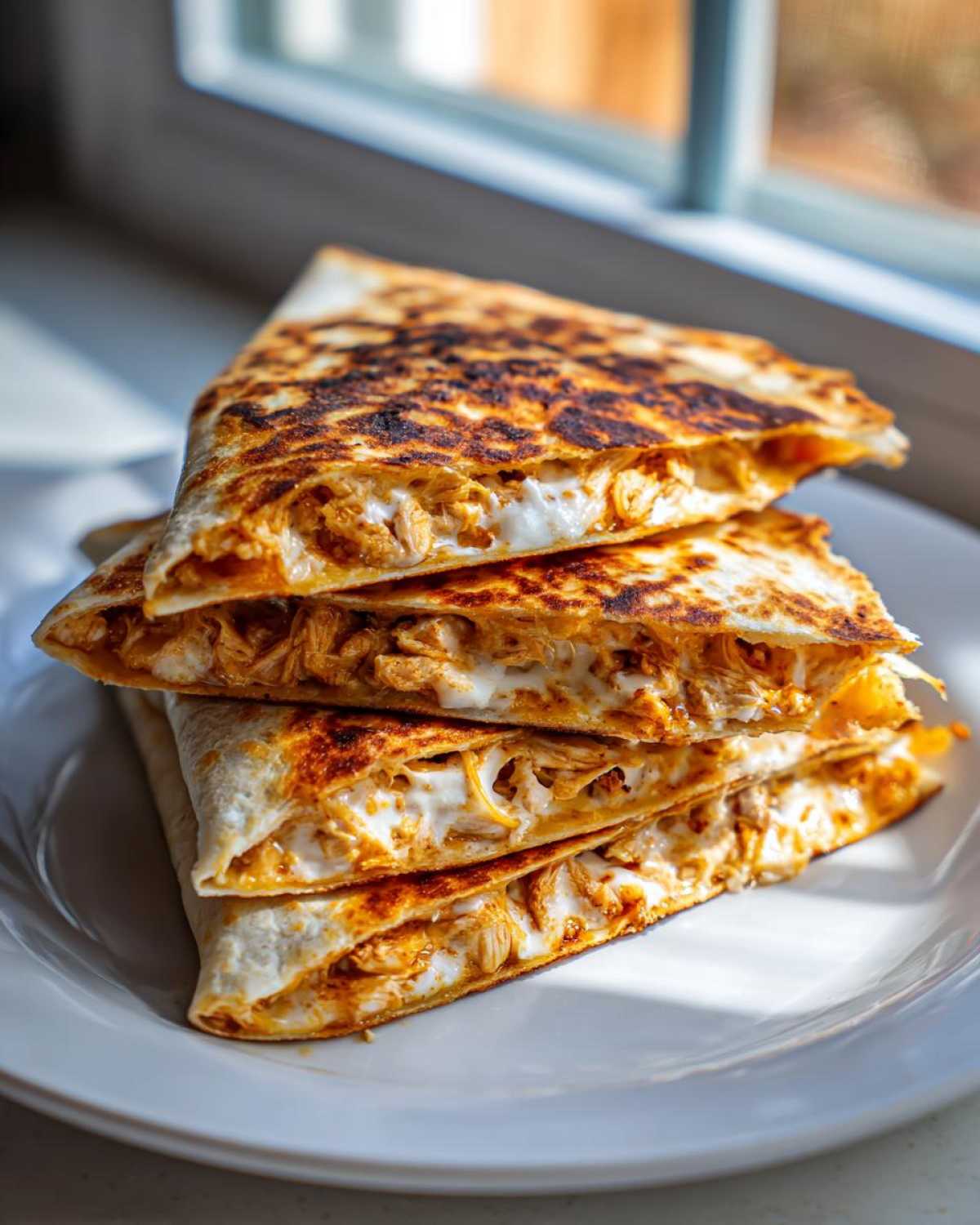 A stack of four golden-brown quesadilla wedges showing the shredded chicken and creamy filling inside, perfect Cheesy Chicken Quesadilla.