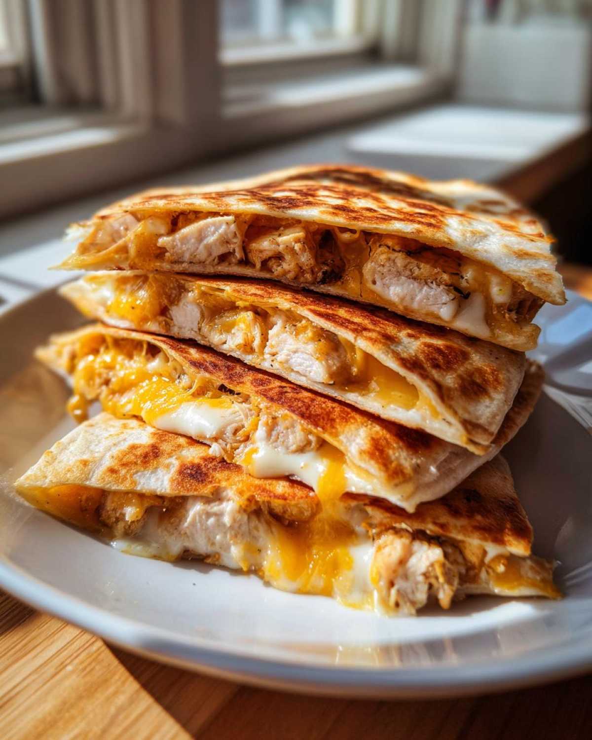 A stack of four golden-brown wedges of Cheesy Chicken Quesadilla with Creamy Filling oozing melted cheese.
