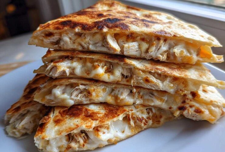 Four stacked, golden-brown slices of Cheesy Chicken Quesadilla with Creamy Filling, oozing melted cheese.