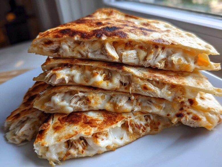 Four stacked, golden-brown slices of Cheesy Chicken Quesadilla with Creamy Filling, oozing melted cheese.