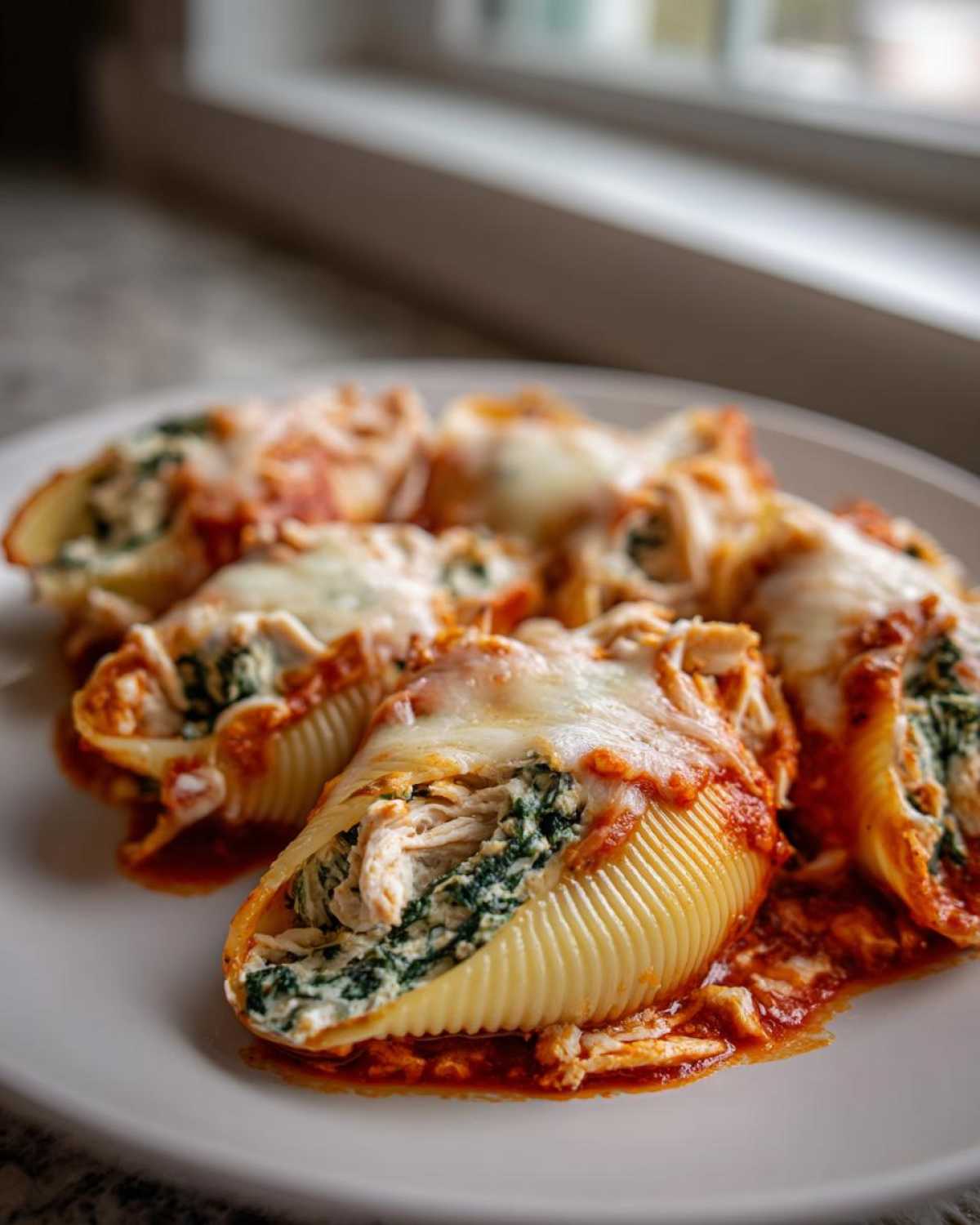 Several baked jumbo pasta shells filled with a mixture of shredded chicken and spinach, topped with melted cheese for Cheesy Chicken Stuffed Shells.