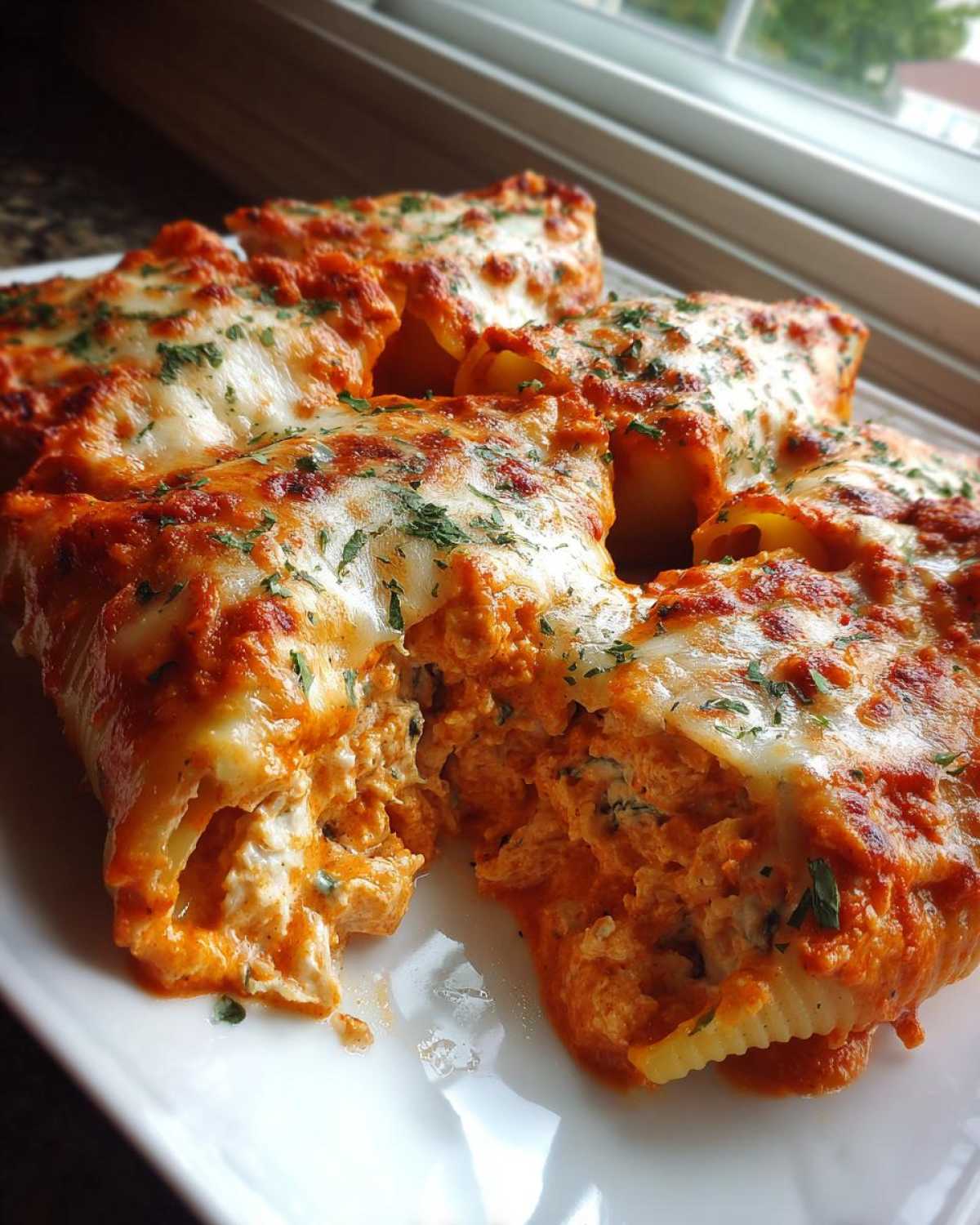 A plate of baked Cheesy Chicken Stuffed Shells with Spinach covered in melted mozzarella and marinara sauce, garnished with parsley.