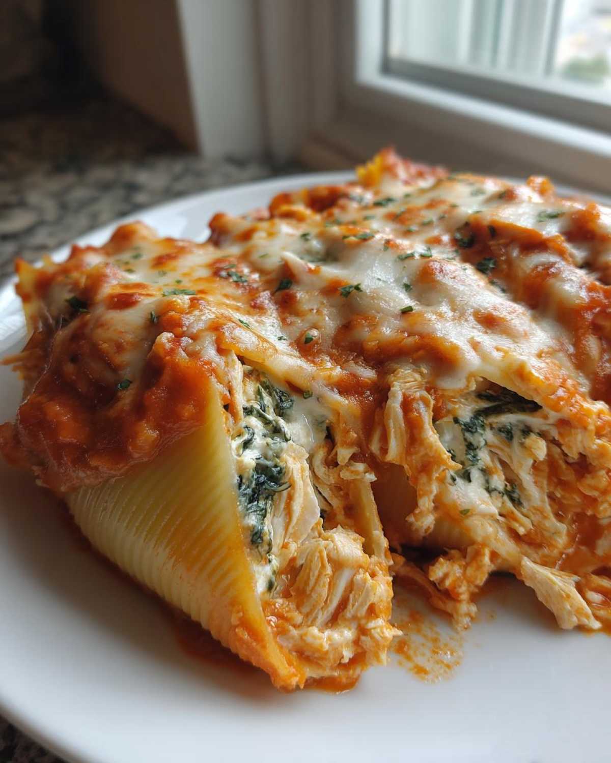 Close-up of two Cheesy Chicken Stuffed Shells with Spinach, covered in melted mozzarella and marinara sauce.