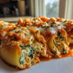 Close-up of baked Cheesy Chicken Stuffed Shells with Spinach, covered in melted mozzarella and marinara sauce.