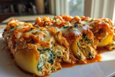 Close-up of baked Cheesy Chicken Stuffed Shells with Spinach, covered in melted mozzarella and marinara sauce.