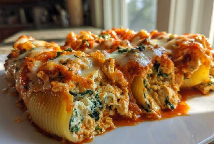 Close-up of baked Cheesy Chicken Stuffed Shells with Spinach, covered in melted mozzarella and marinara sauce.