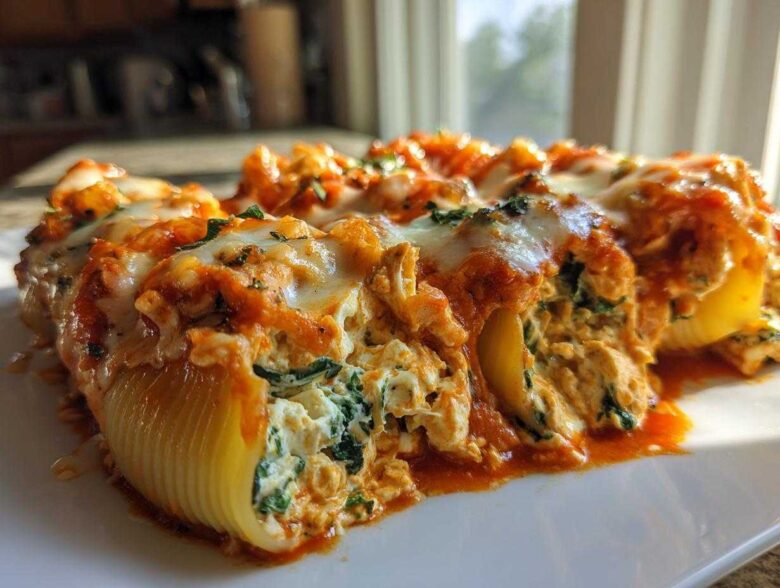 Close-up of baked Cheesy Chicken Stuffed Shells with Spinach, covered in melted mozzarella and marinara sauce.