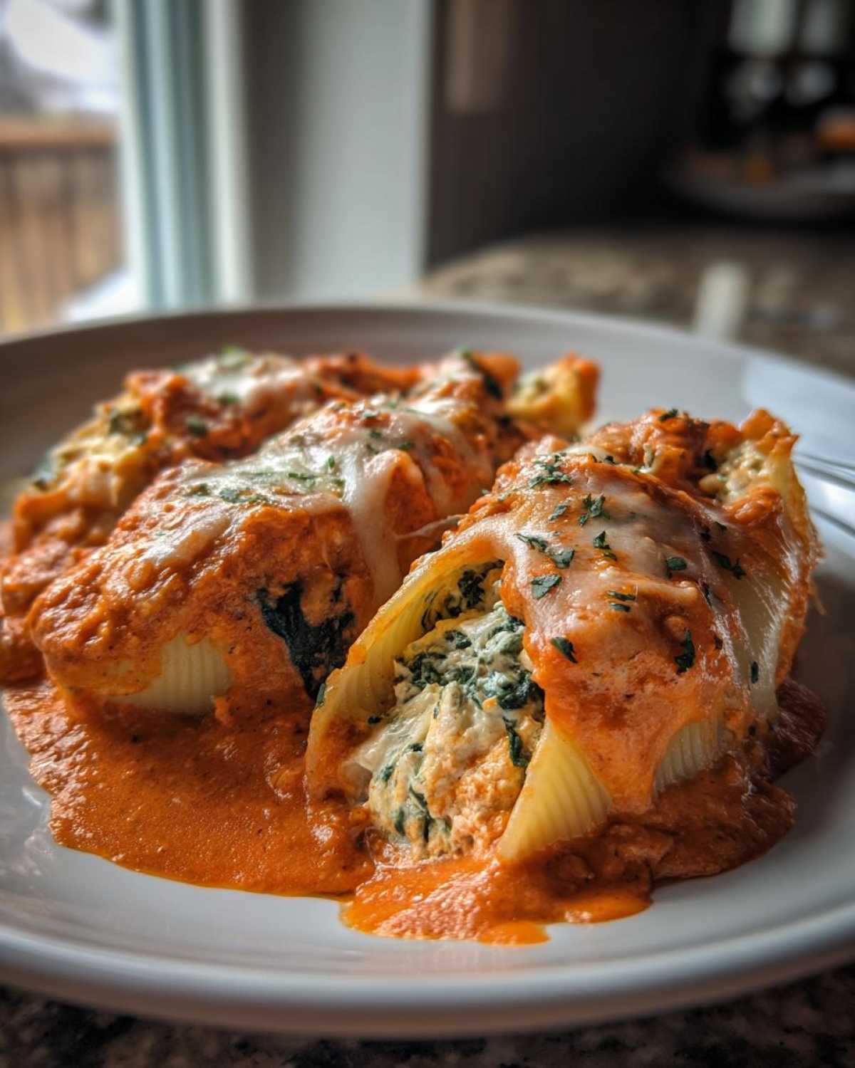 Close-up of Cheesy Chicken Stuffed Shells with Spinach covered in orange sauce and melted cheese.