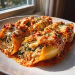 Four baked jumbo pasta shells filled with shredded chicken and spinach, covered in marinara and melted cheese for Cheesy Chicken Stuffed Shells.