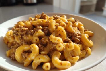 A close-up of a white bowl filled with Cheesy Ground Beef Pasta with Creamy Sauce, featuring elbow macaroni and seasoned ground beef.