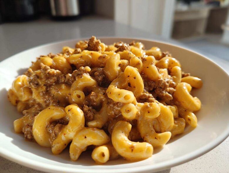 A close-up of a white bowl filled with Cheesy Ground Beef Pasta with Creamy Sauce, featuring elbow macaroni and seasoned ground beef.