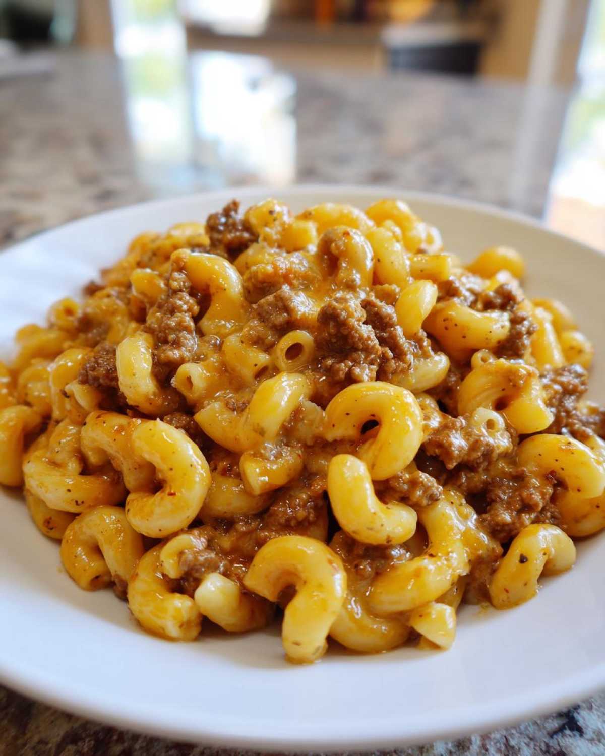 A close-up of elbow macaroni mixed with ground beef and a rich, creamy, cheesy sauce, served on a white plate.