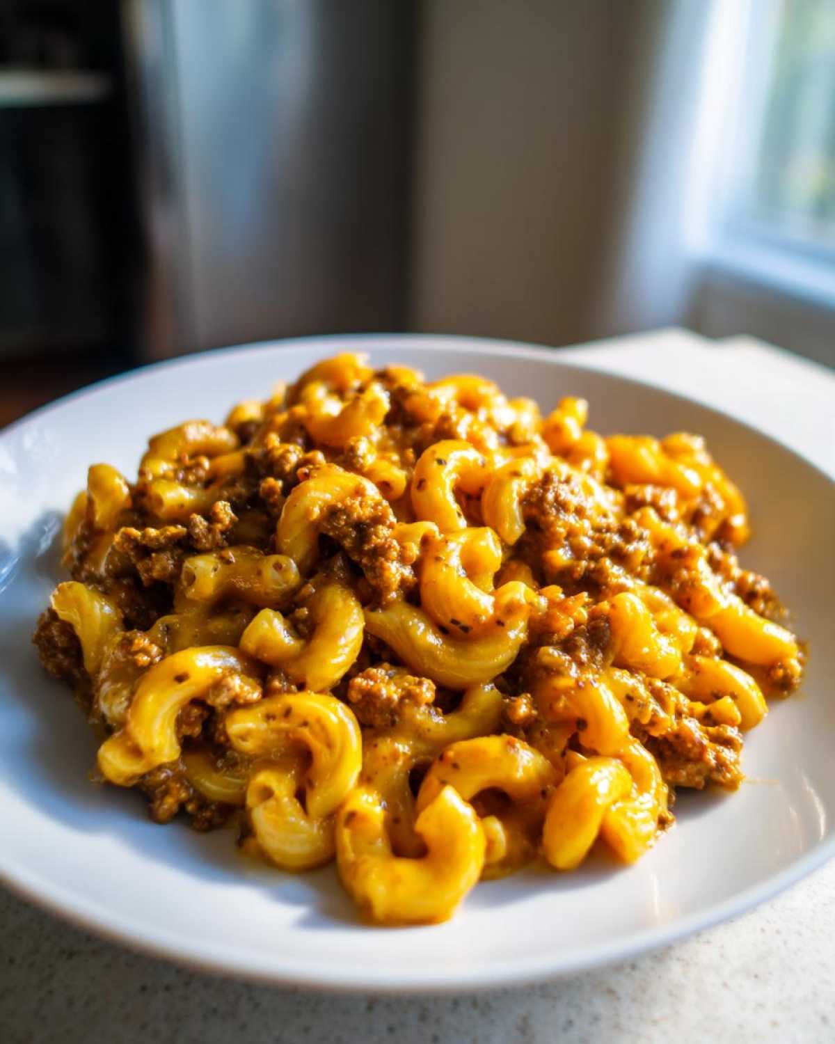 A close-up of Cheesy Ground Beef Pasta with Creamy Sauce featuring elbow macaroni coated in a rich, orange cheese sauce and ground beef.