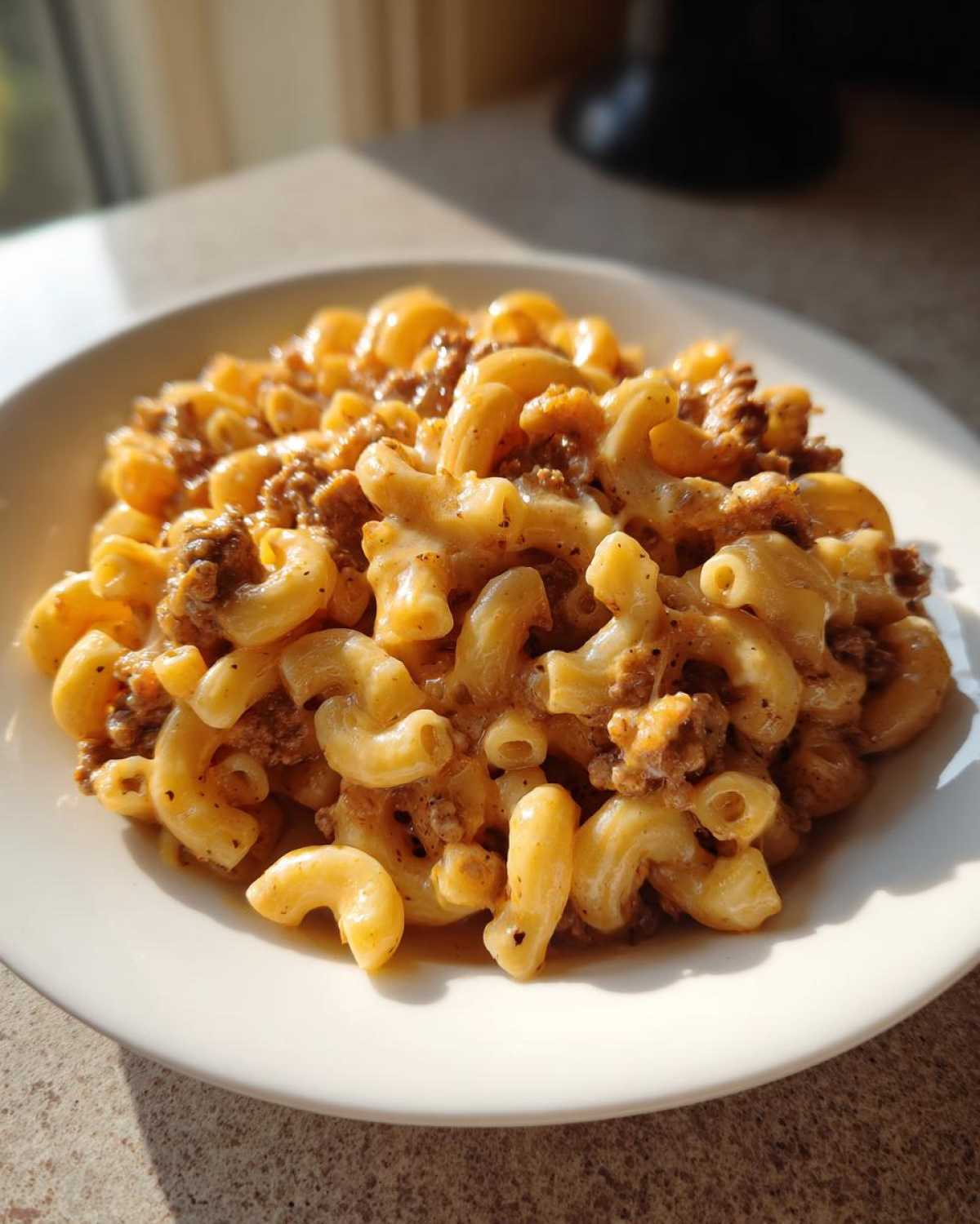 A close-up of a white plate filled with Cheesy Ground Beef Pasta with Creamy Sauce, featuring elbow macaroni and ground beef.