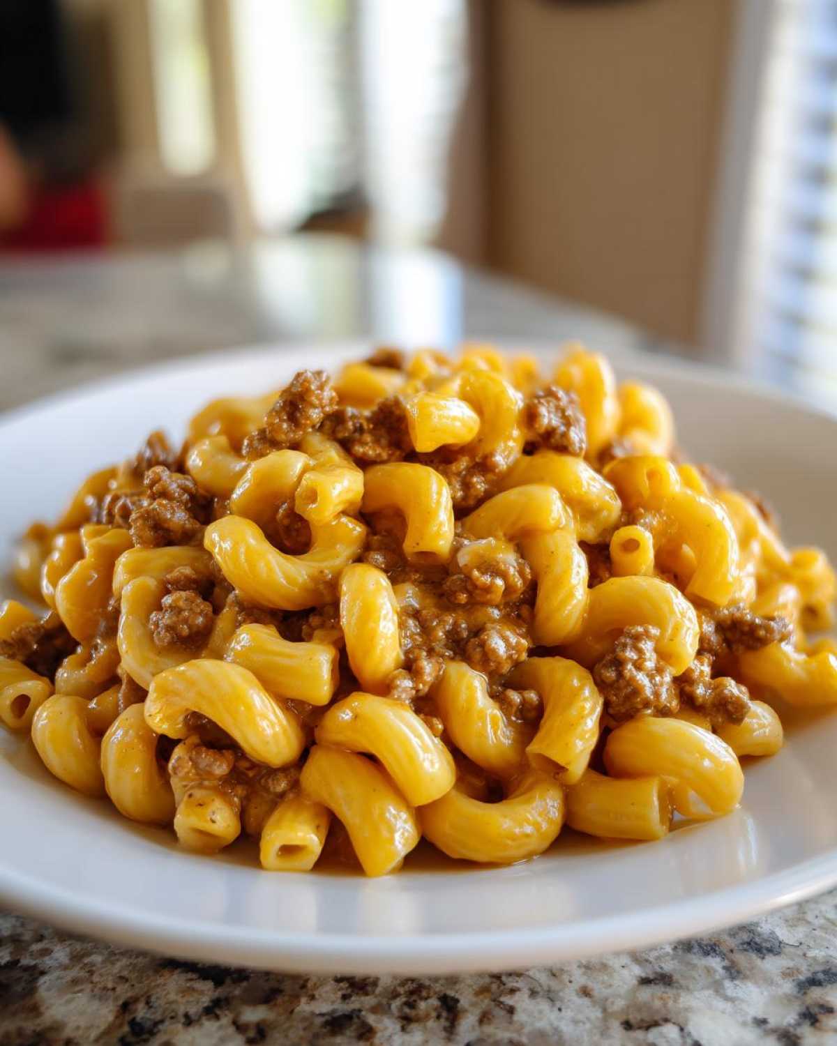 A close-up of Cheesy Ground Beef Pasta with Creamy Sauce featuring elbow macaroni coated in orange cheese sauce and mixed with ground beef.