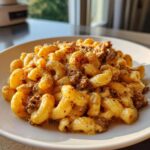 A close-up of Cheesy Ground Beef Pasta with Creamy Sauce, featuring elbow macaroni coated in cheese sauce and ground beef.