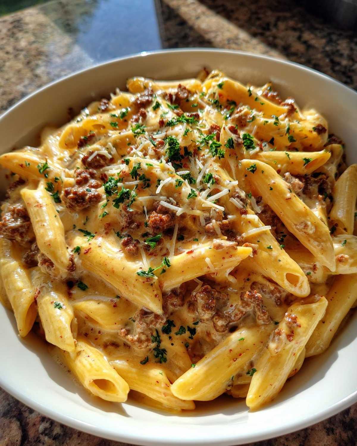 A close-up of Cheesy Ground Beef Pasta with Garlic Cream Sauce, featuring penne pasta, ground beef, and parsley garnish.