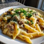 A close-up serving of Cheesy Ground Beef Pasta with Garlic Cream Sauce, topped with melted cheese and fresh parsley.