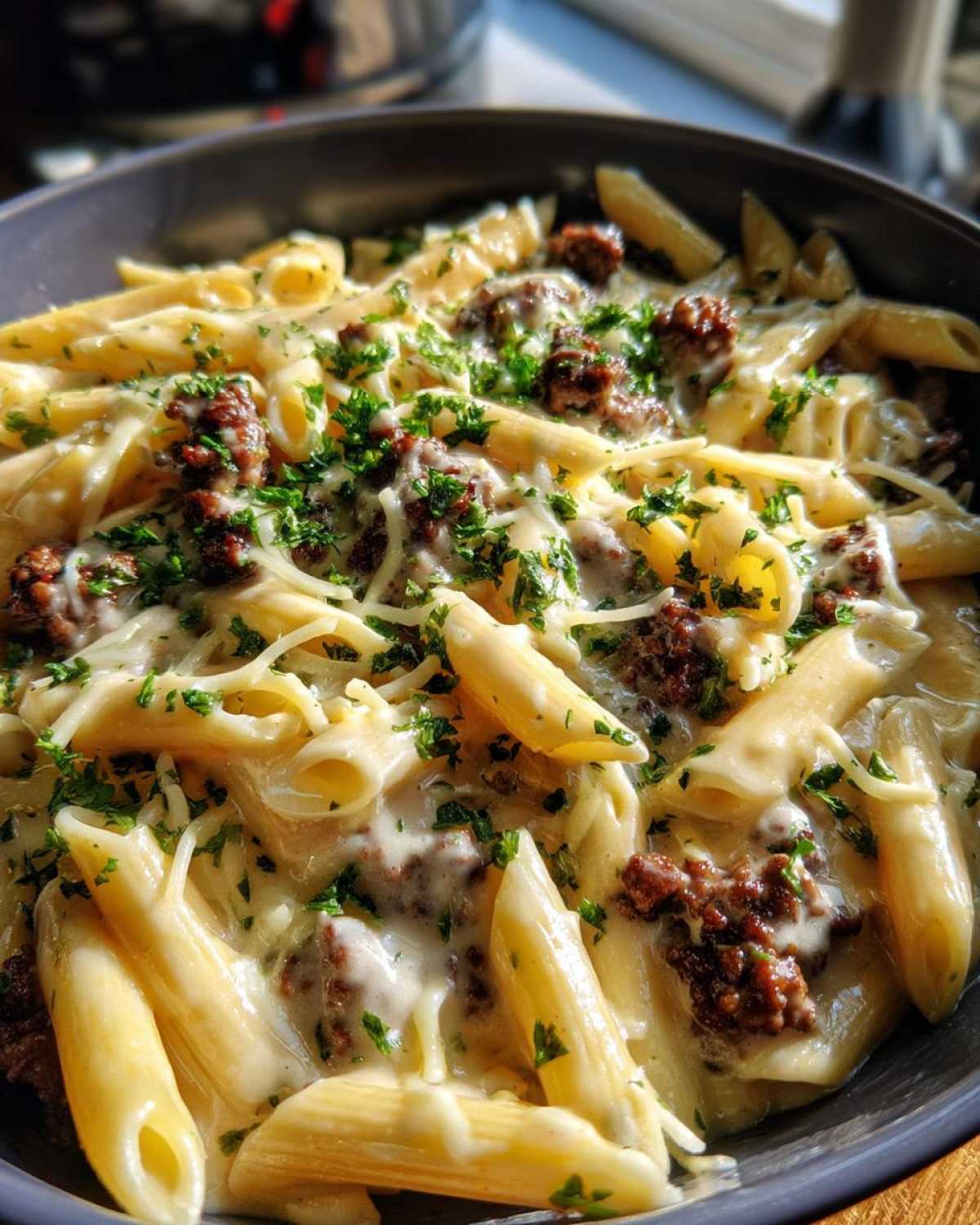 Close-up of Cheesy Ground Beef Pasta with Garlic Cream Sauce, featuring penne pasta, ground beef, melted cheese, and parsley.