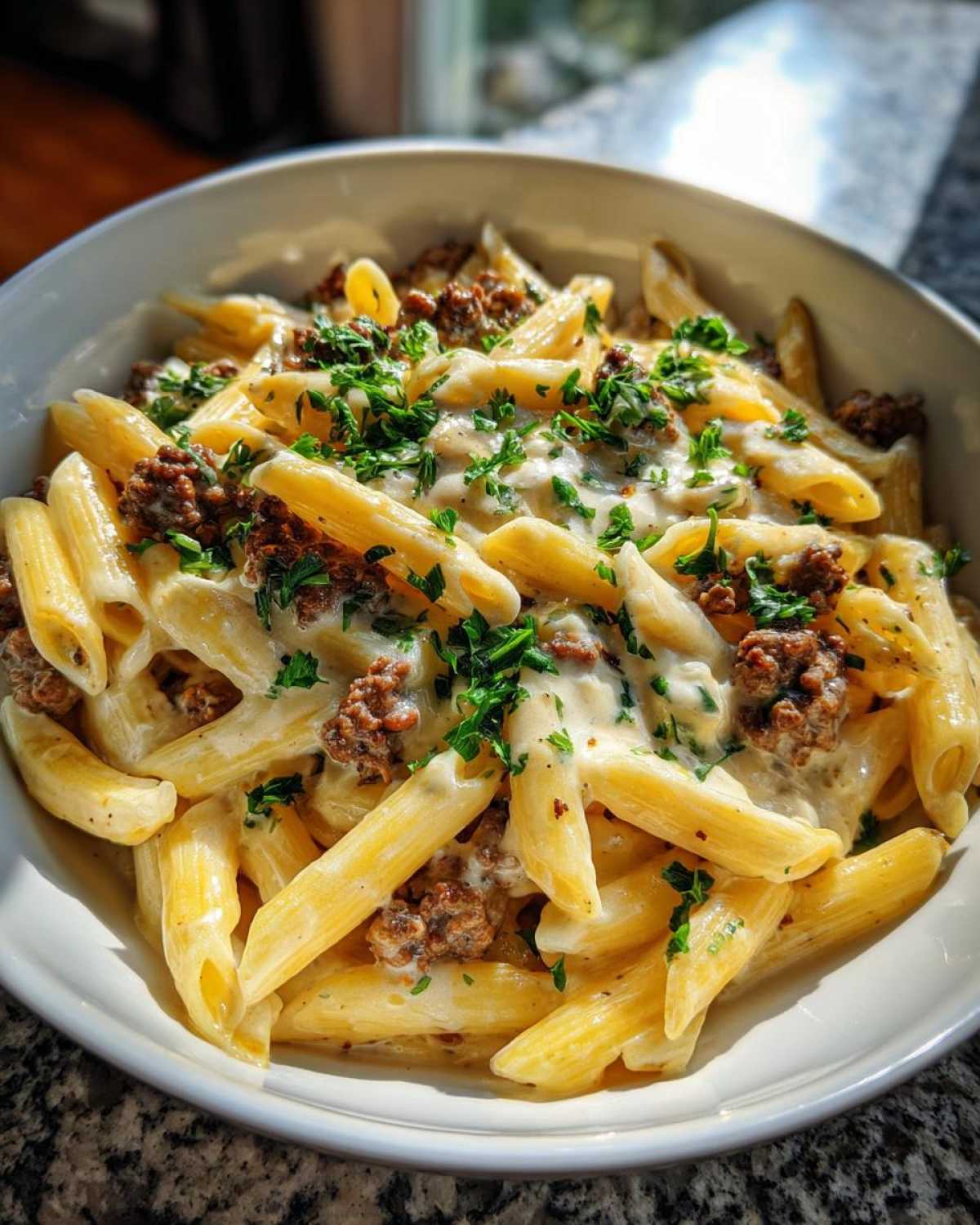 A close-up of a white bowl filled with Cheesy Ground Beef Pasta with Garlic Cream Sauce, topped with fresh parsley.
