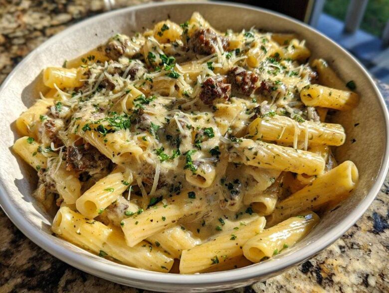 A close-up of a bowl filled with Cheesy Ground Beef Pasta with Garlic Cream Sauce, topped with grated cheese and parsley.