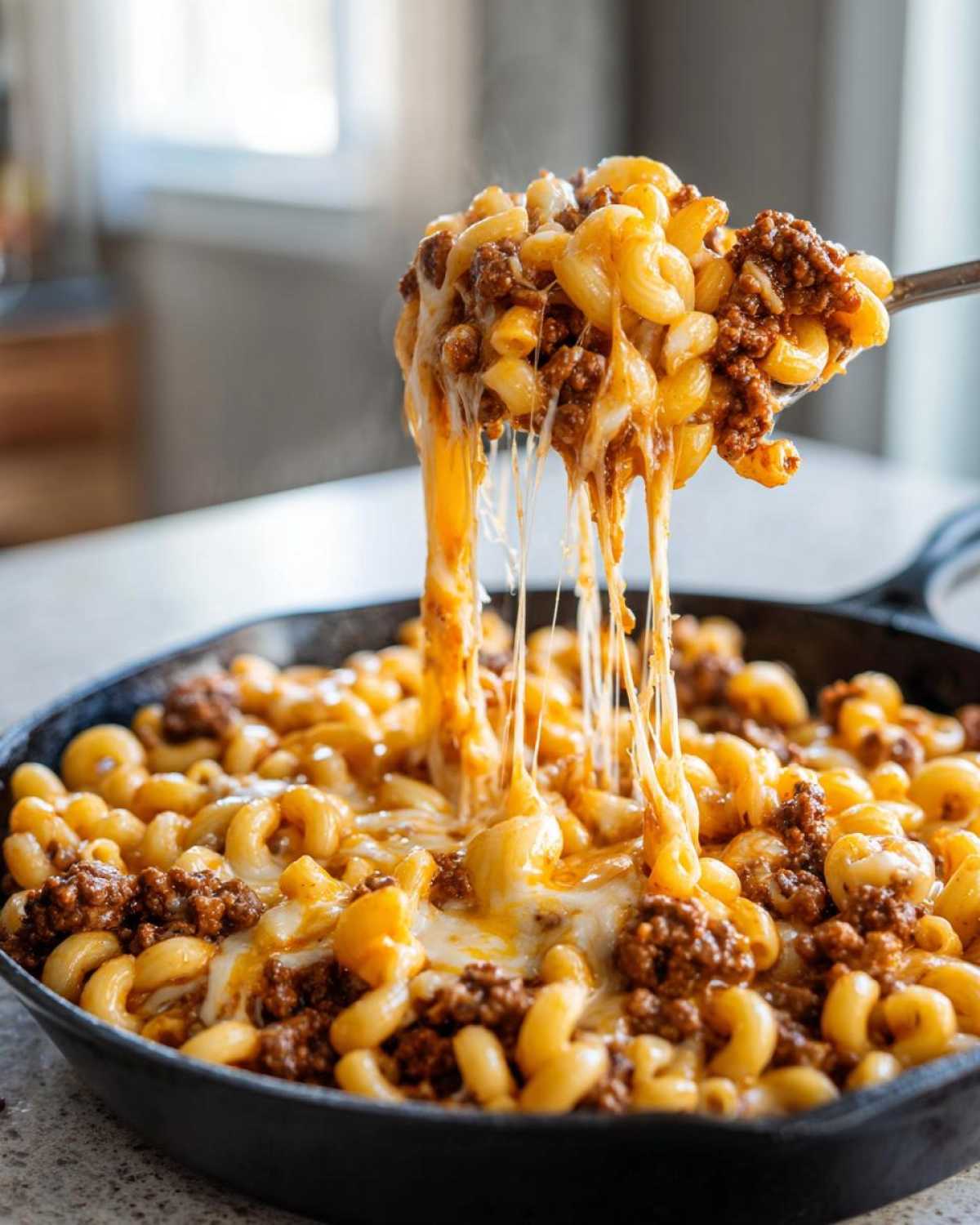 A spoonful of Cheesy Ground Beef Pasta Skillet being lifted, showing long, dramatic cheese pulls over the skillet.