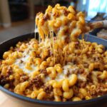 A wooden spoon lifts a scoop of Cheesy Ground Beef Pasta Skillet, showing a dramatic cheese pull over the skillet.