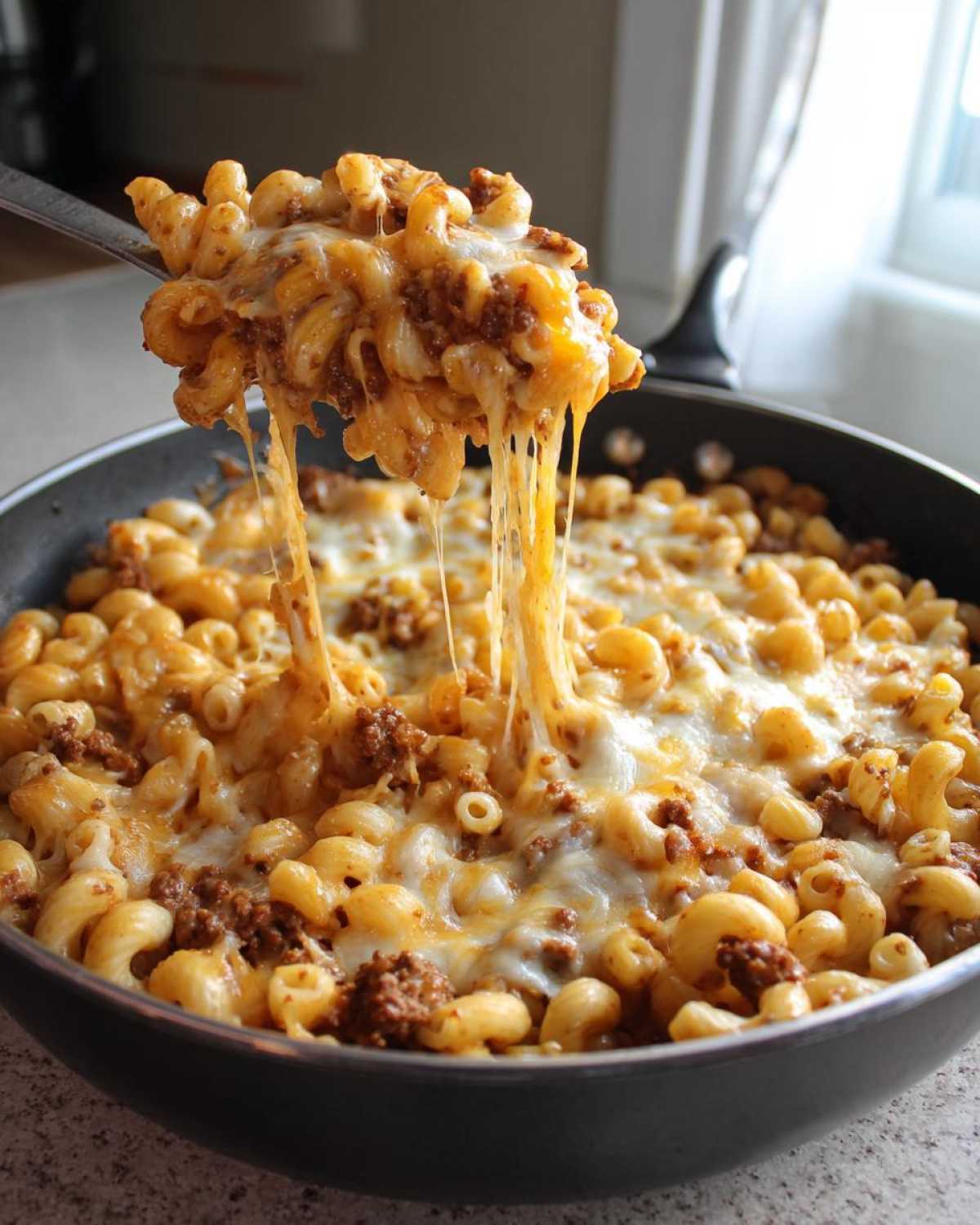 A spoonful of Cheesy Ground Beef Pasta Skillet comfort food showing long, stretchy cheese pulls over the skillet.