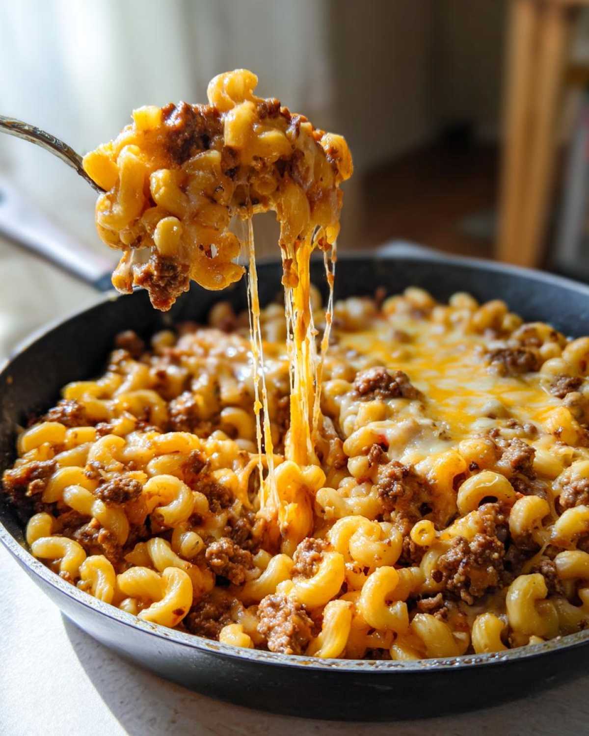 A spoonful of Cheesy Ground Beef Pasta Skillet showing a dramatic cheese pull over the skillet.