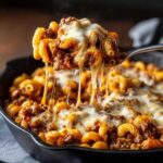 A spoonful of hot Cheesy Ground Beef Pasta Skillet lifts away, showing long, dramatic cheese pulls from the melted mozzarella topping.