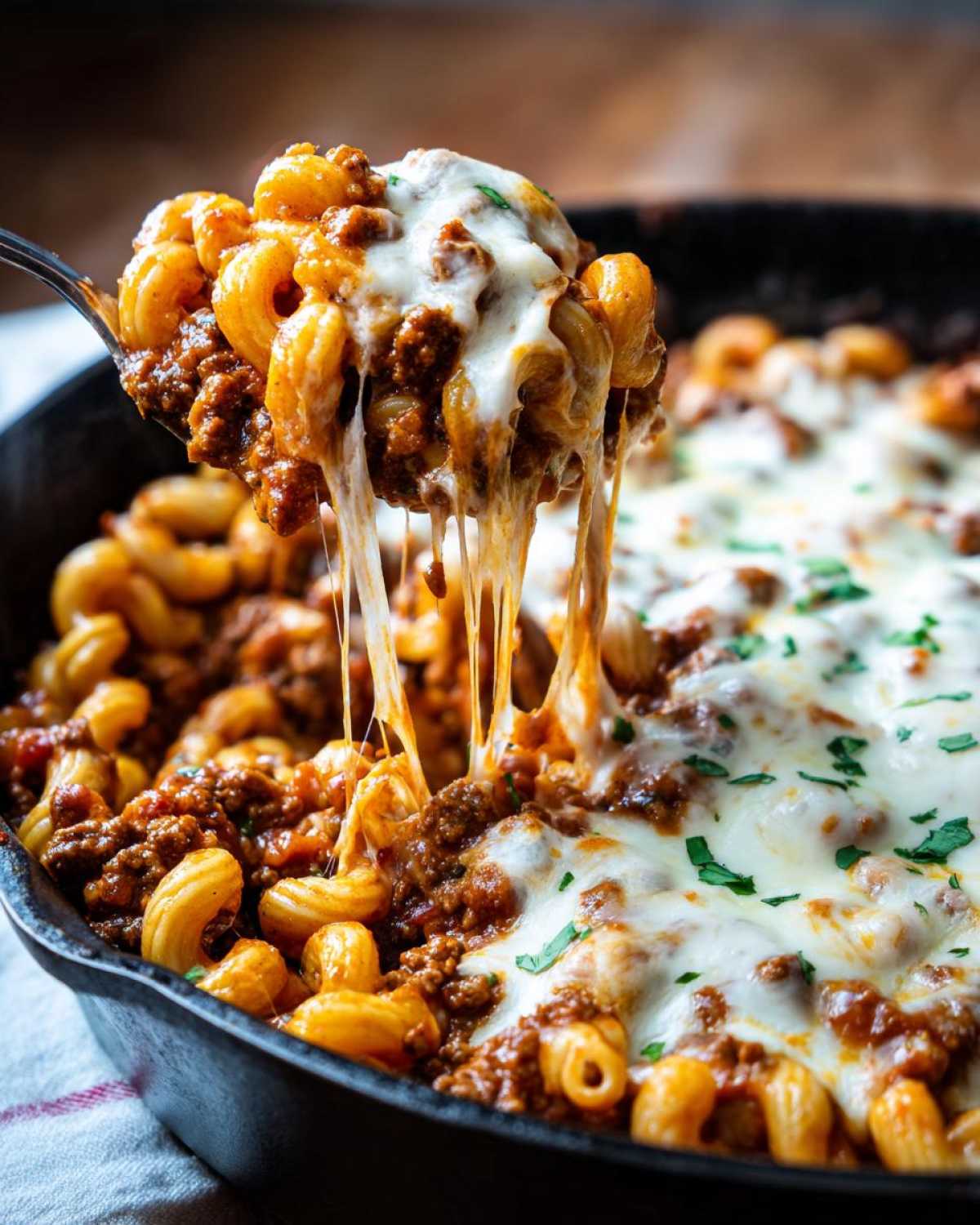 A spoonful of Cheesy Ground Beef Pasta Skillet showing extreme mozzarella cheese pull over the skillet dish.