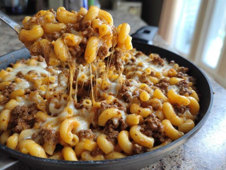 A spoonful of Cheesy Ground Beef Pasta Skillet Comfort Food being lifted, showing long, gooey cheese pulls over the skillet.
