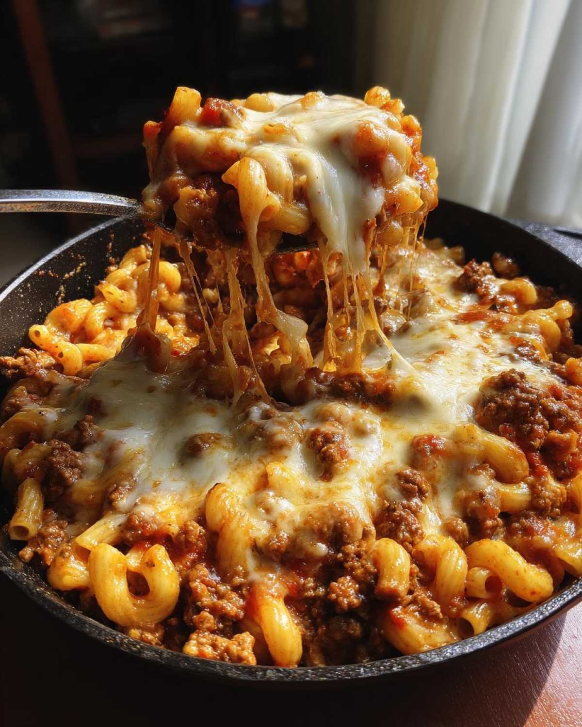 A spoonful of Cheesy Ground Beef Pasta Skillet with Mozzarella is lifted, showing a dramatic cheese pull over the skillet.