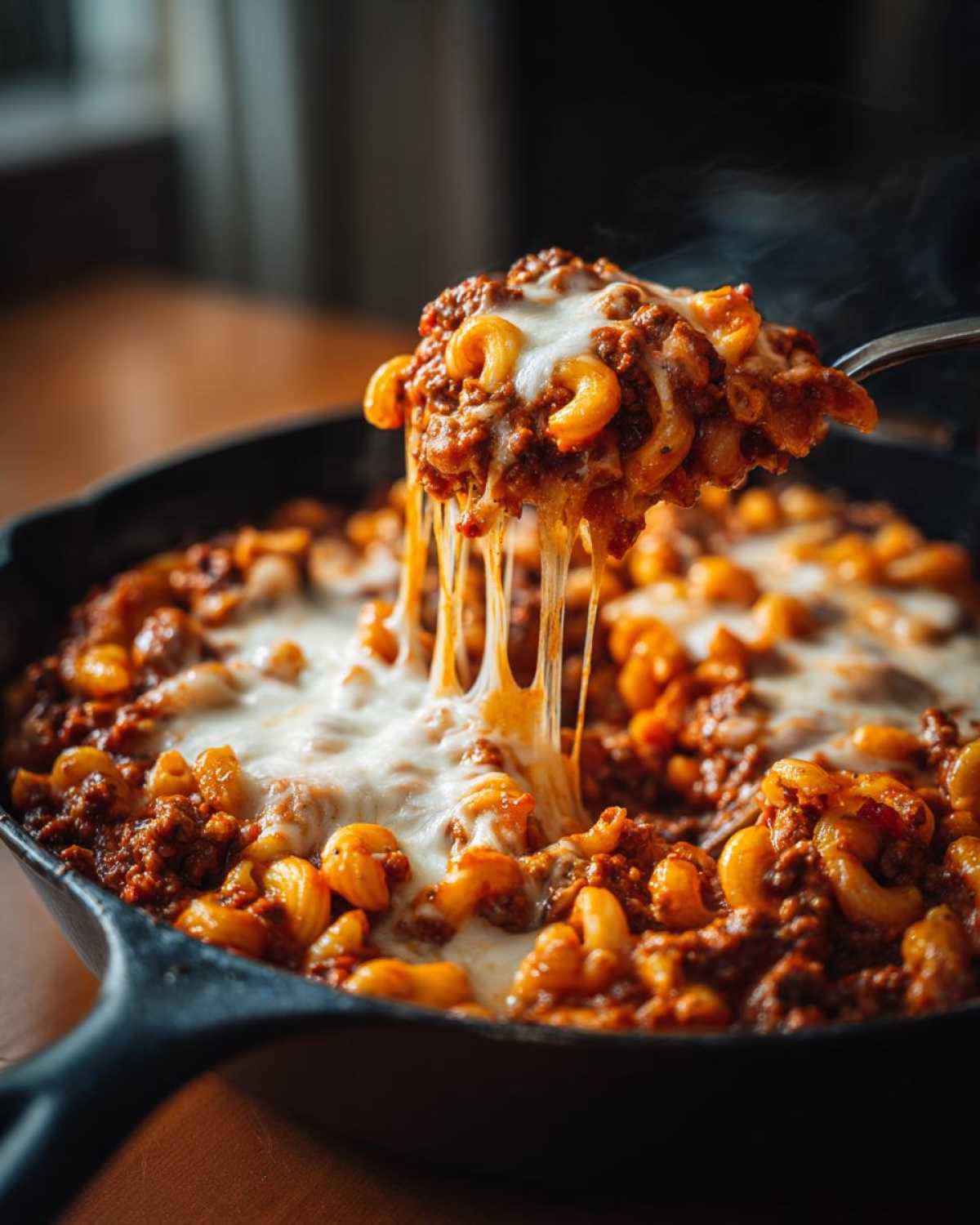 A spoonful of hot Cheesy Ground Beef Pasta Skillet with Mozzarella showing a dramatic cheese pull over the cast iron pan.