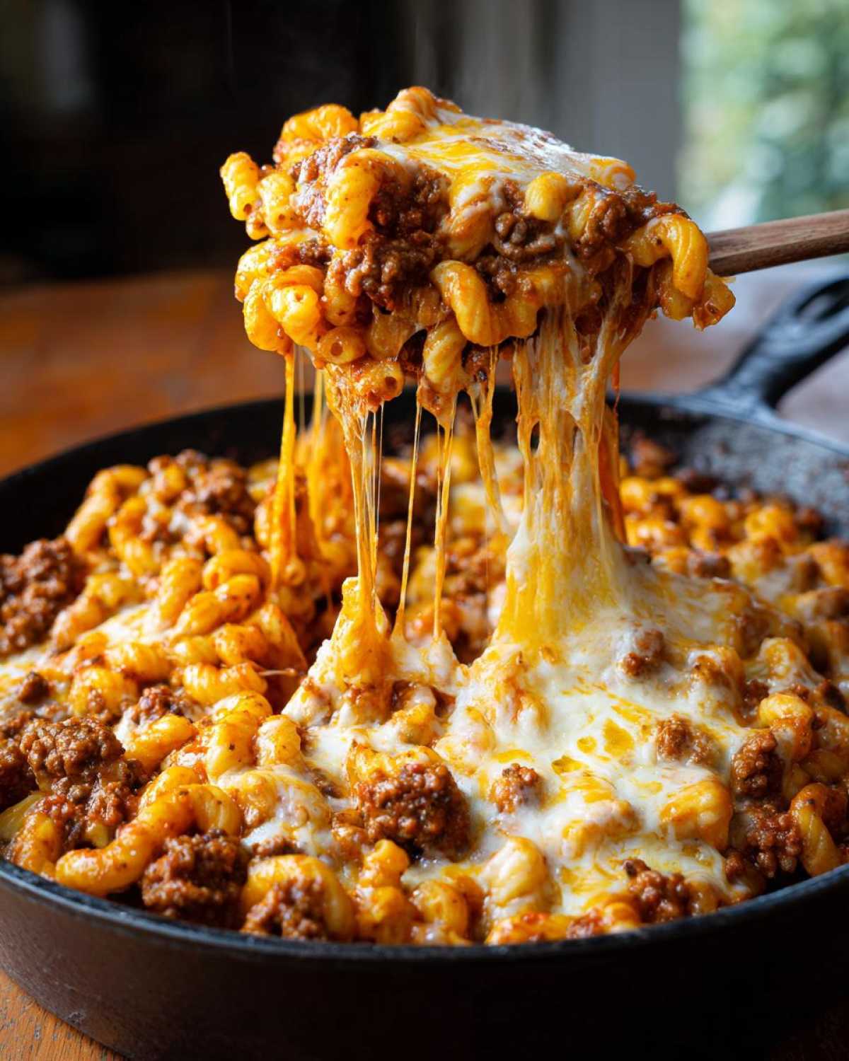 A wooden spoon lifts a serving of Cheesy Ground Beef Pasta Skillet with Mozzarella, showing extreme cheese pull.